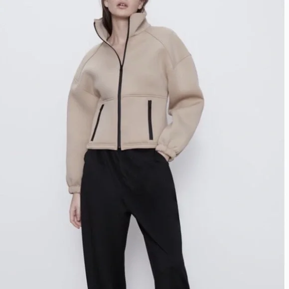 Zara Scuba Zip Up Jacket Size Small Beige Puff Sleeve Athleisure - Picture 1 of 11